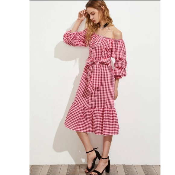 Who What Wear Dresses & Skirts - Red Gingham Dramatic Puff Pick Up Sleeves Ruffle Bottom Off Shoulder Dress S